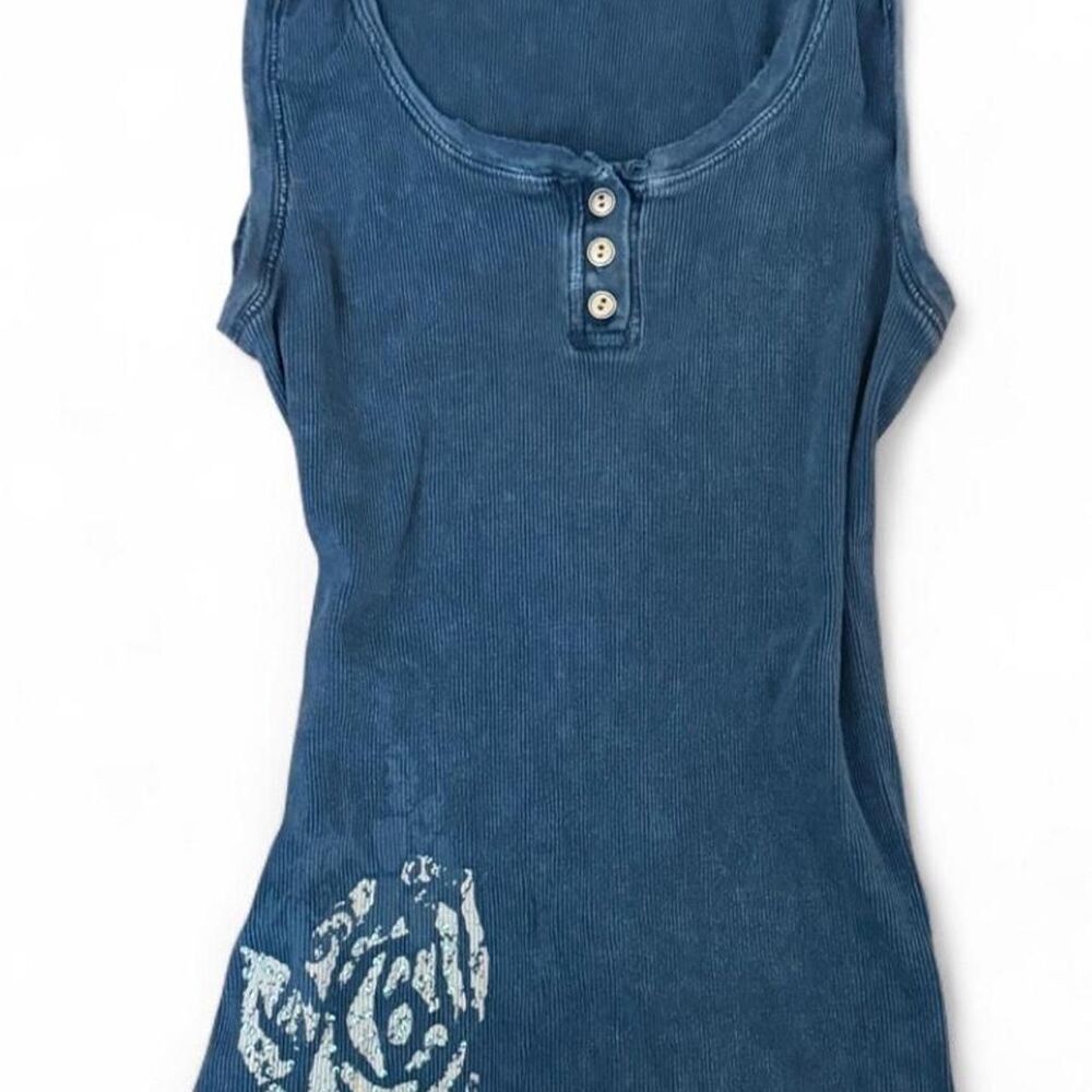 Y2K Apt 9 Blue Ribbed Henley Tank with Silver Rose